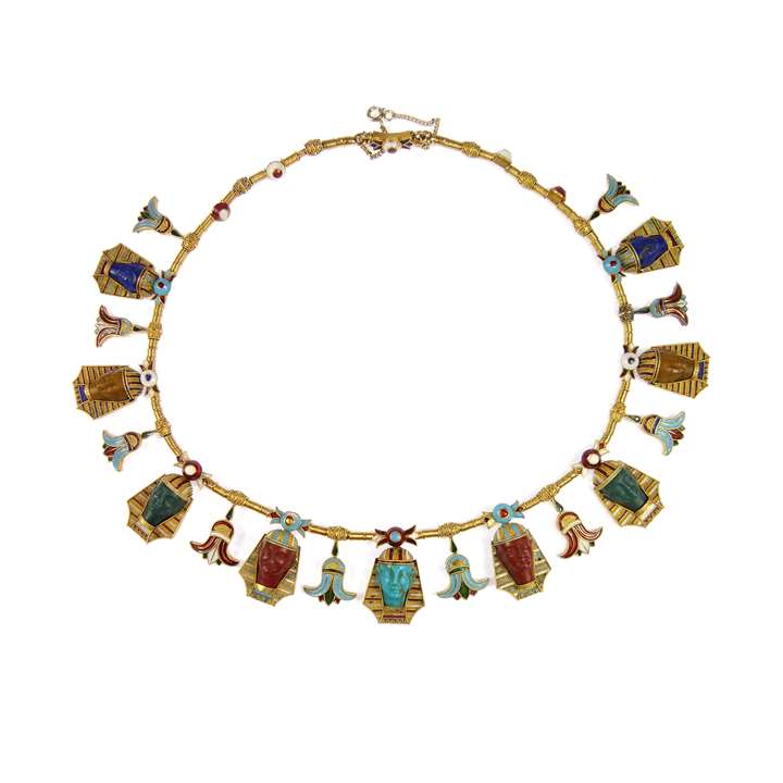 19th century gold, enamel and carved hardstone Egyptian revival fringe necklace